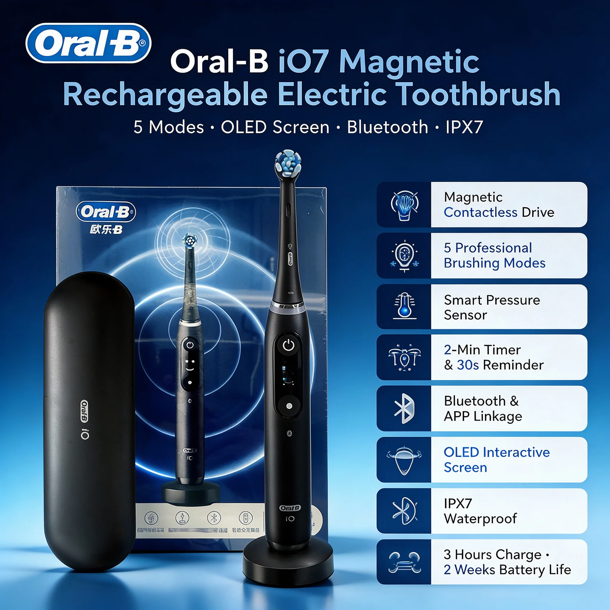 Oral-B iO7 Smart Electric Toothbrush 5 Modes Dual Pressure Control OLED Bluetooth APP IPX7 2-Week Battery