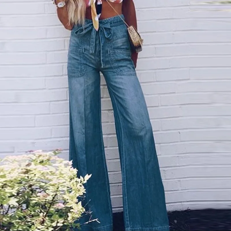 Denim Pant Women Wide Leg Long Pants Jeans Splice Washed Vintage Loose High Waist Lace Up Y2k Streetwear Work Casual Autumn