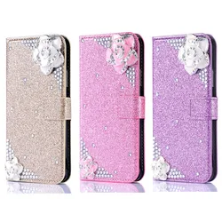 Bling Rhinestone Camellia Shiny Wallet Flip Leather Case For SamSung S25 S24 S23 S22 Ultra S21 Plus A15 A05S A14 A34 A54