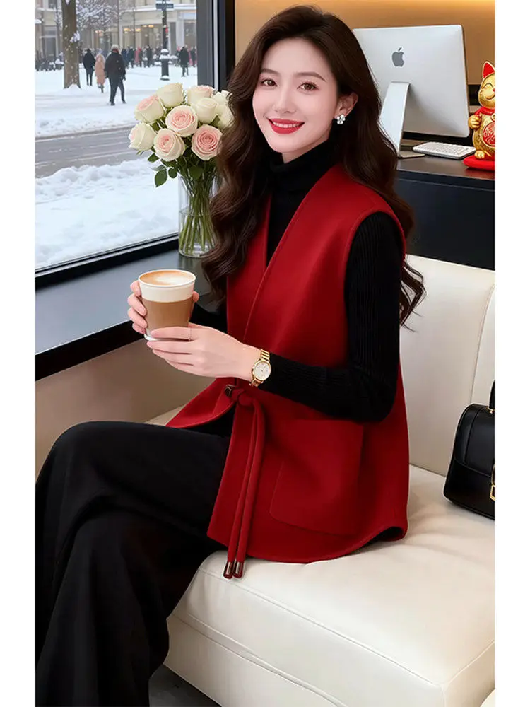 레드 차이니즈 슬레 스벨 베스트 여성용 패션 데일리 스트레이트 컷 겨울 아우터웨어 V넥 버튼 노 스벨 새해