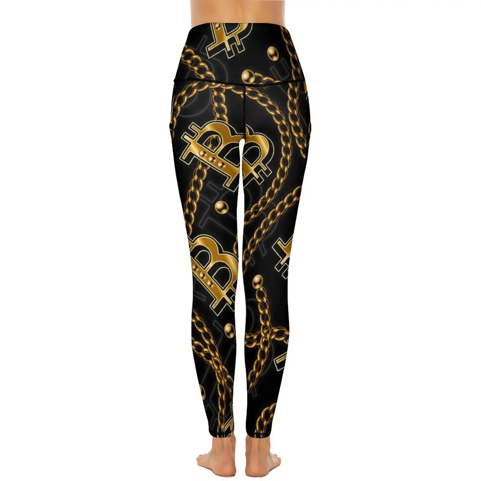 Imagem -03 - Calças Justas Elásticas com Bolsos Calças Yoga de Cintura Alta Leggings Brilhantes do Sinal Bitcoin Calças de Ginástica Gráfica Corrente de Ouro Elegante