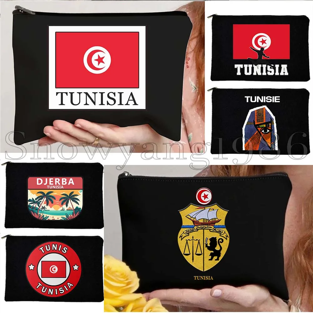 Bandera de Túnez, mapa de Túnez, Sidi Bou Said, regalos de Túnez, bolsa de aseo de maquillaje cosmético de lona, estuche para lápices, bolsa con cremallera, bolsa de almacenamiento de algodón