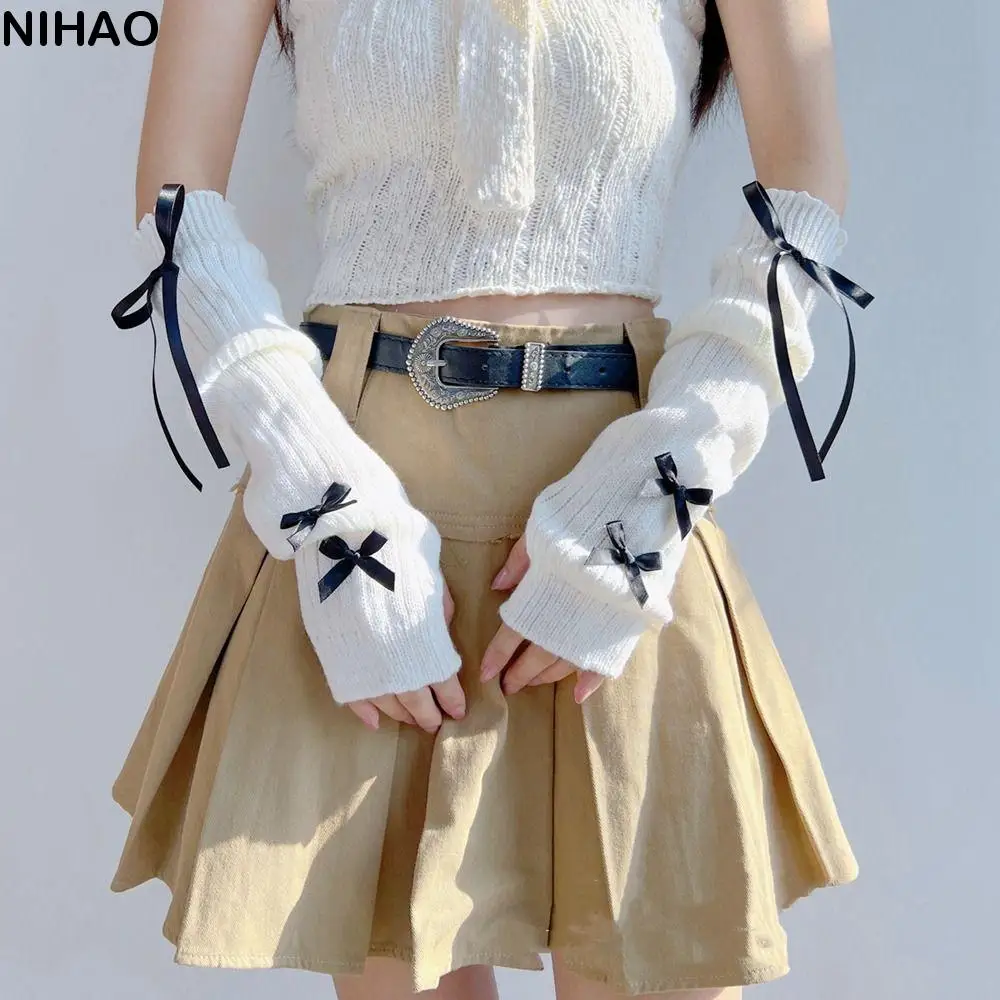 

Elastic Y2K Warm Sleeves Bowknot Ribbon Ballet Style Bow Knitted Arm Warmers Sweet Korean Style Fingerless Gloves