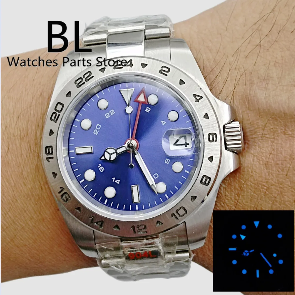 

BLIGER Men Watch 40mm GMT NH34A Movement Blue Dial Blue\Green Luminous Sapphire Glass Steel Strap Date Waterproof