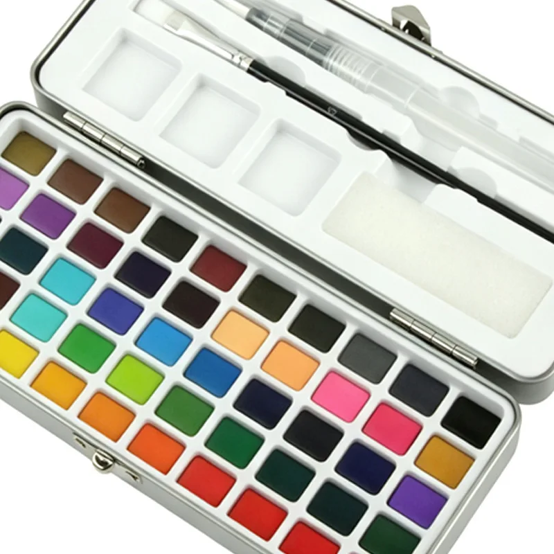 50 Color Solid Watercolor Paint Set in Metal Tin Box with Water Brush, Painting Brush and Absorbent Sponge, Portable Art