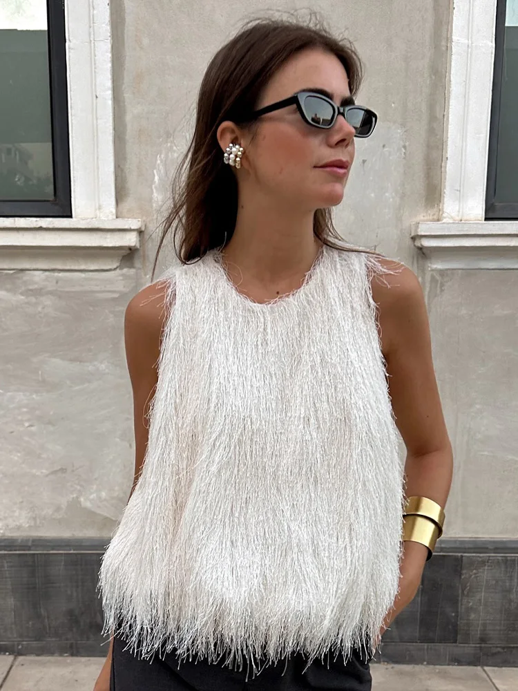 HH mujeres moda borla decorado Casual estilo callejero Top corto verano mujer Chic Sexy cuello redondo forro sólido ajustado chaleco Tops