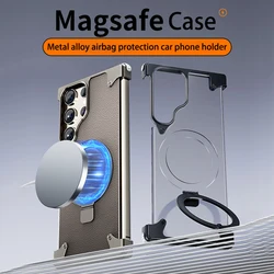 For Samsung Galaxy S24 S23 Ultra case Magnetic magsafe rotating car phone holder metal aluminum alloy airbag protection cover