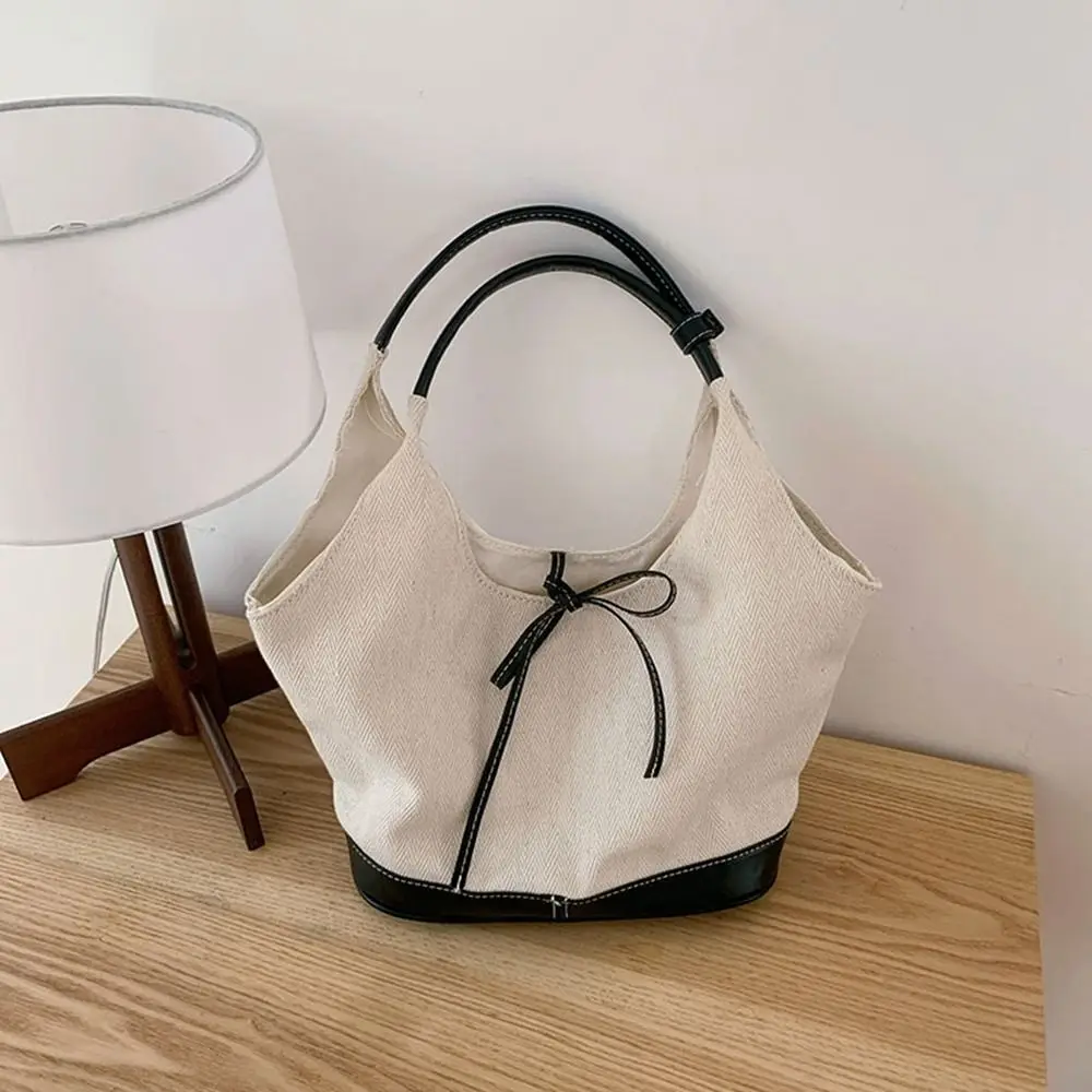 Bolso de mano de lona de estilo coreano informal, bolso de hombro de tela de cuero Pu con lazo, Color puro, gran capacidad, viaje