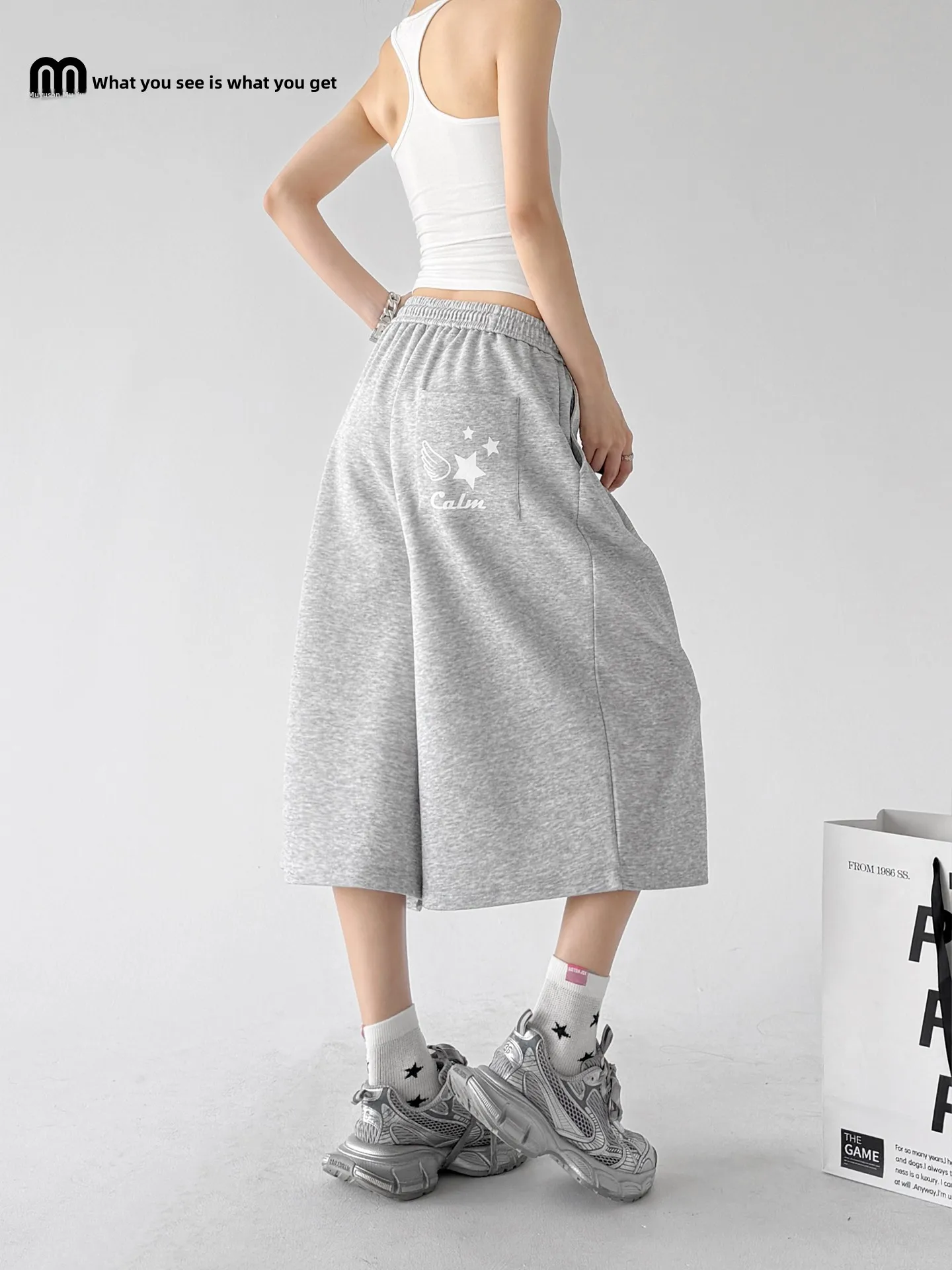 

Grey Casual Loose Women's Sport Pants High Waist Wide Leg Seven-Foot Length Commute Style Asymmetric Element Summer New Arrival