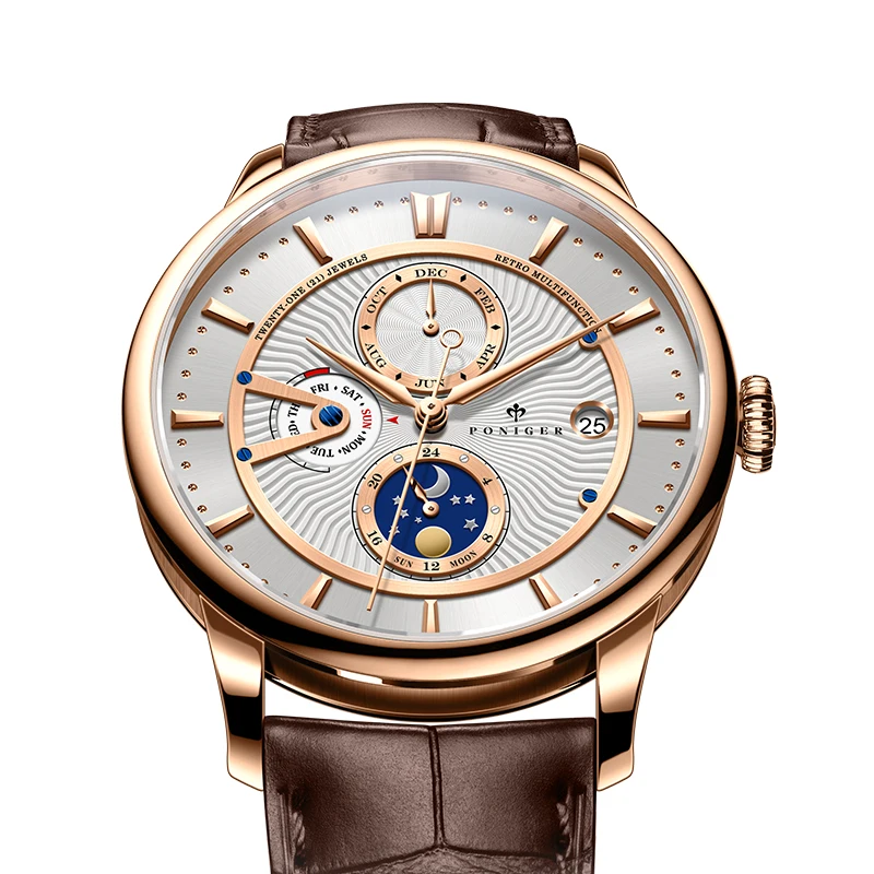 PONIGER Brand Design New Men's Watches Automatic Movement Tourbillon Watches Steel Waterproof Calendar Week Multifunction Watch