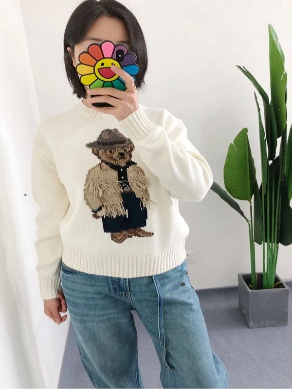 Women's round Ne Knitted Pure Cotton Sweater Bear Tassel Handmade op Overhead irt Warm Autumn Winter Faion Commute