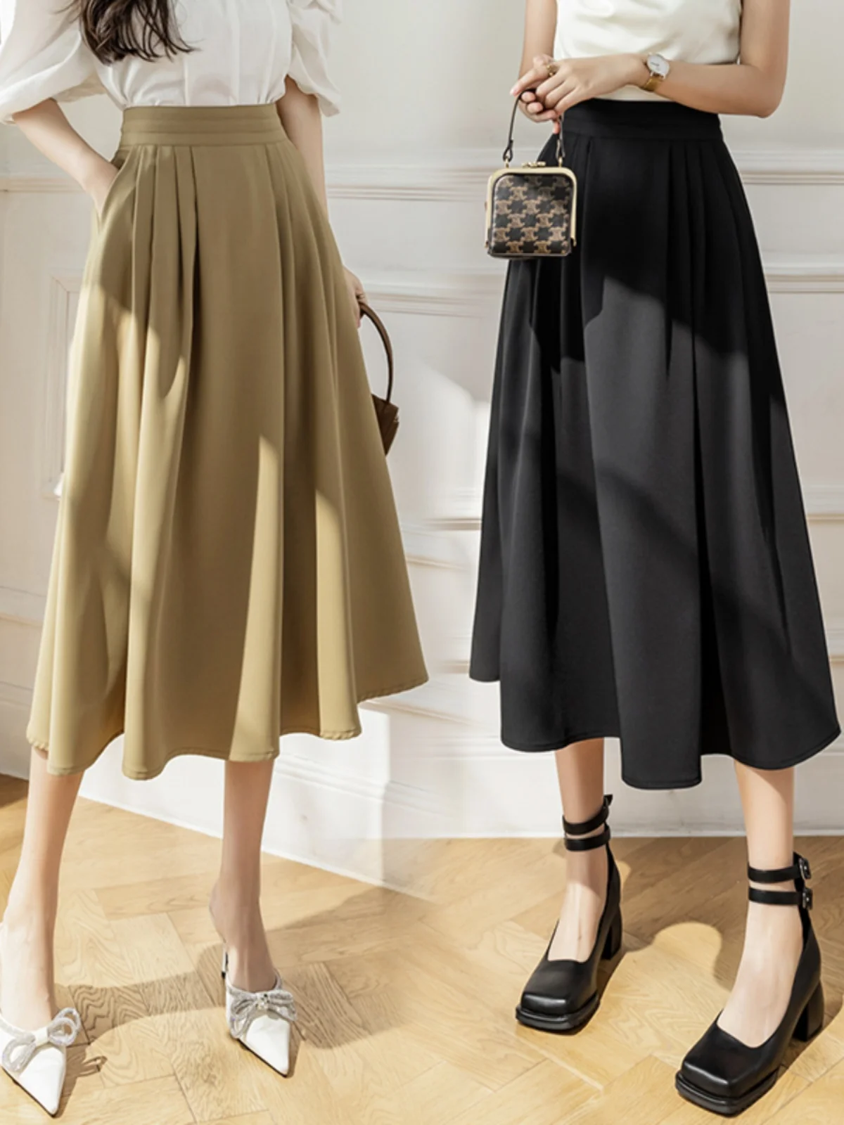 

Юбка миди А-силуэта с высокой талией, женская летняя модная универсальная шифоновая юбка средней длины, повседневная плиссированная юбка