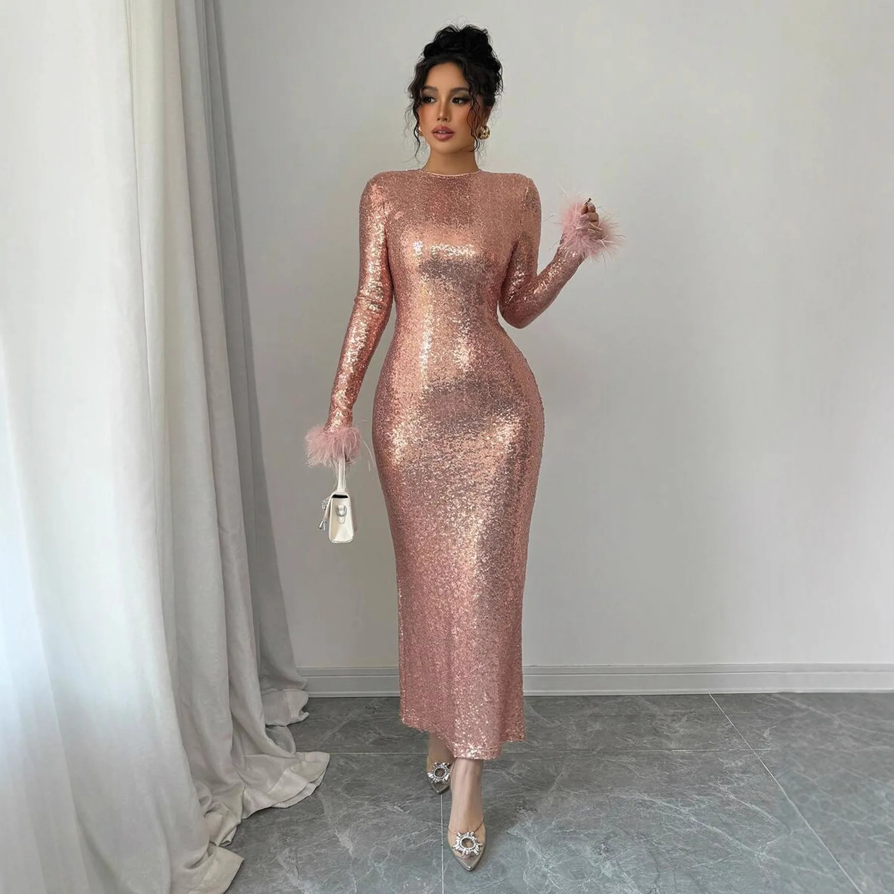 

New Women's Pink Slit Long Sequined Dress Elegant Solid Color Women Party Dress