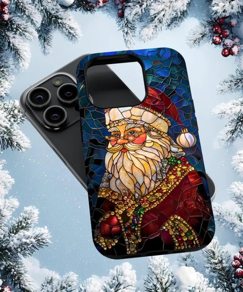 Santa Claus Faux Stained Glass Phone Case For IPHONE 16 15PRO MAX 14 13 12 11 Acrylic TPU Two in one magnetic Phone Cases