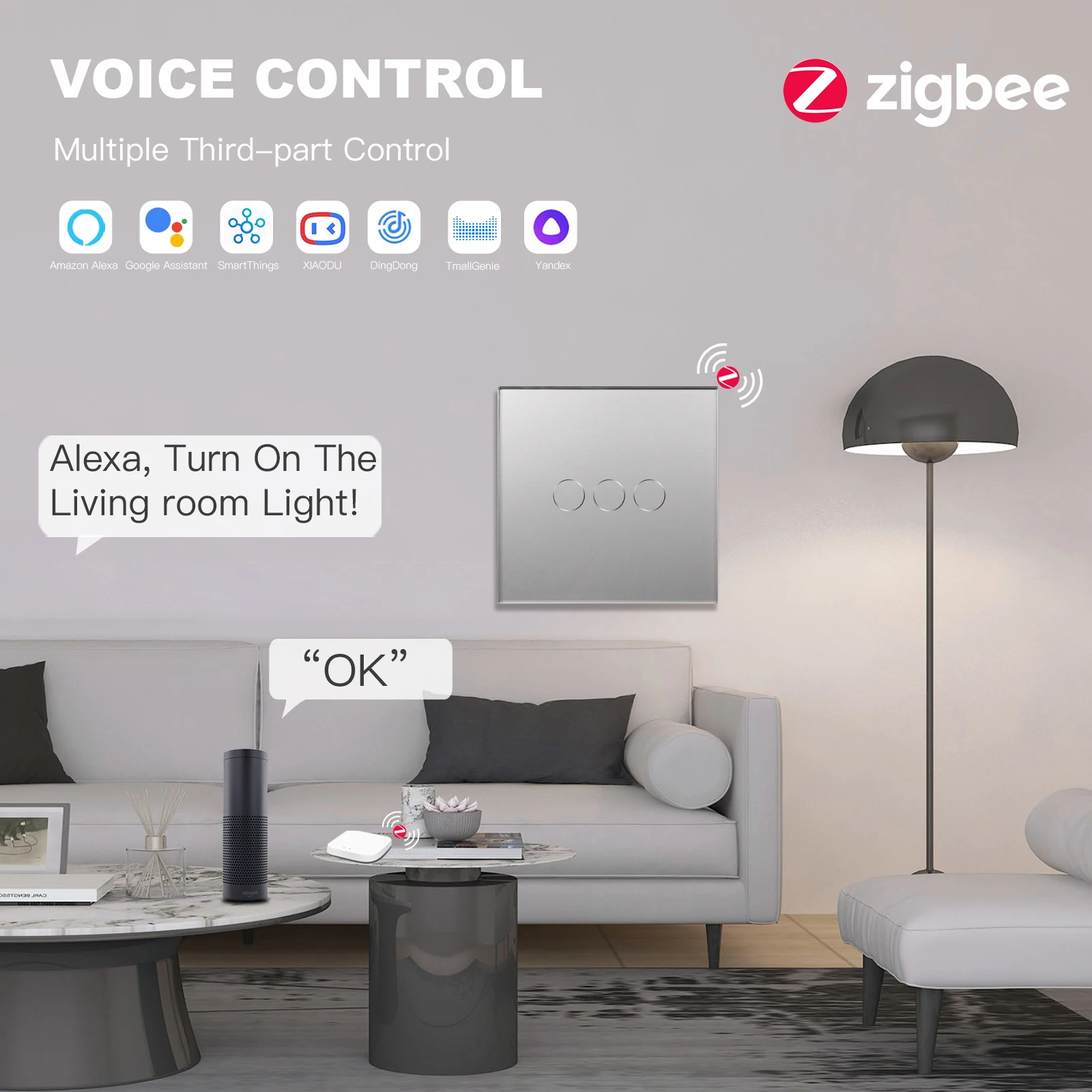 BSEED Zigbee 1/2/3 Gang 1 Way Smart Switch Single Live LED Buttons Glass Panel Work With Google Home EU Touch Switch Smart Life