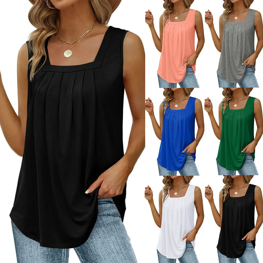 

2025 Sleeveless Square Neck Vest T-Shirt Women's Solid Color Pleated Dovetail Suspender Fashion Inner Top