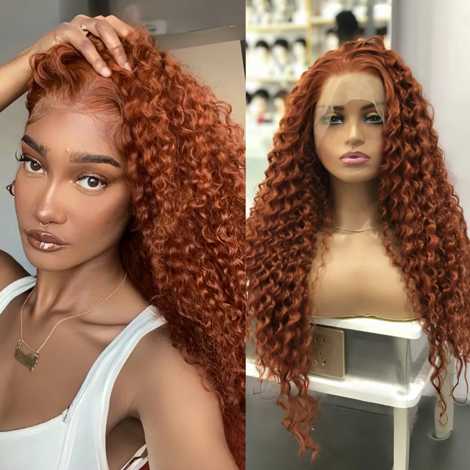 

Ginger Wig Deep Curly Synthetic Lace Front Wig Glueless Colored Hair Long Reddish Brown Curly Lace Frontal Wigs for Women Party