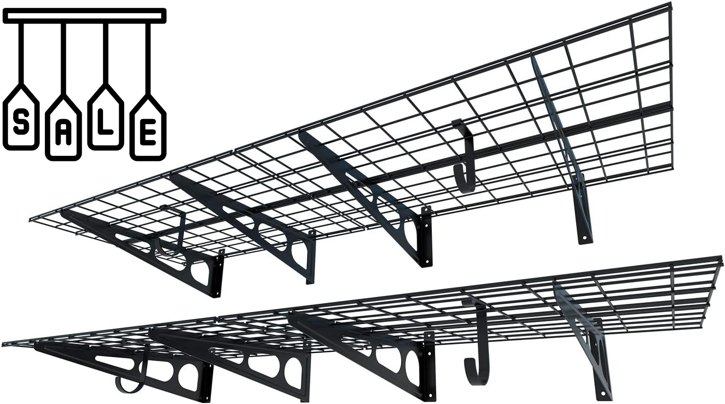 

2-Pack 2x6ft Garage Shelving with Hooks 24-inch-by-72-inch Wall Shelf Garage Storage Racks Floating Shelves, Black