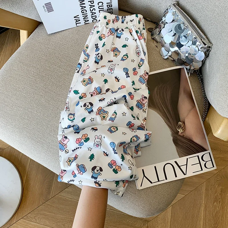 Ice silk quick-drying pants casual cartoon printed women pants summer new straight trousers loose versatile wide-leg pants