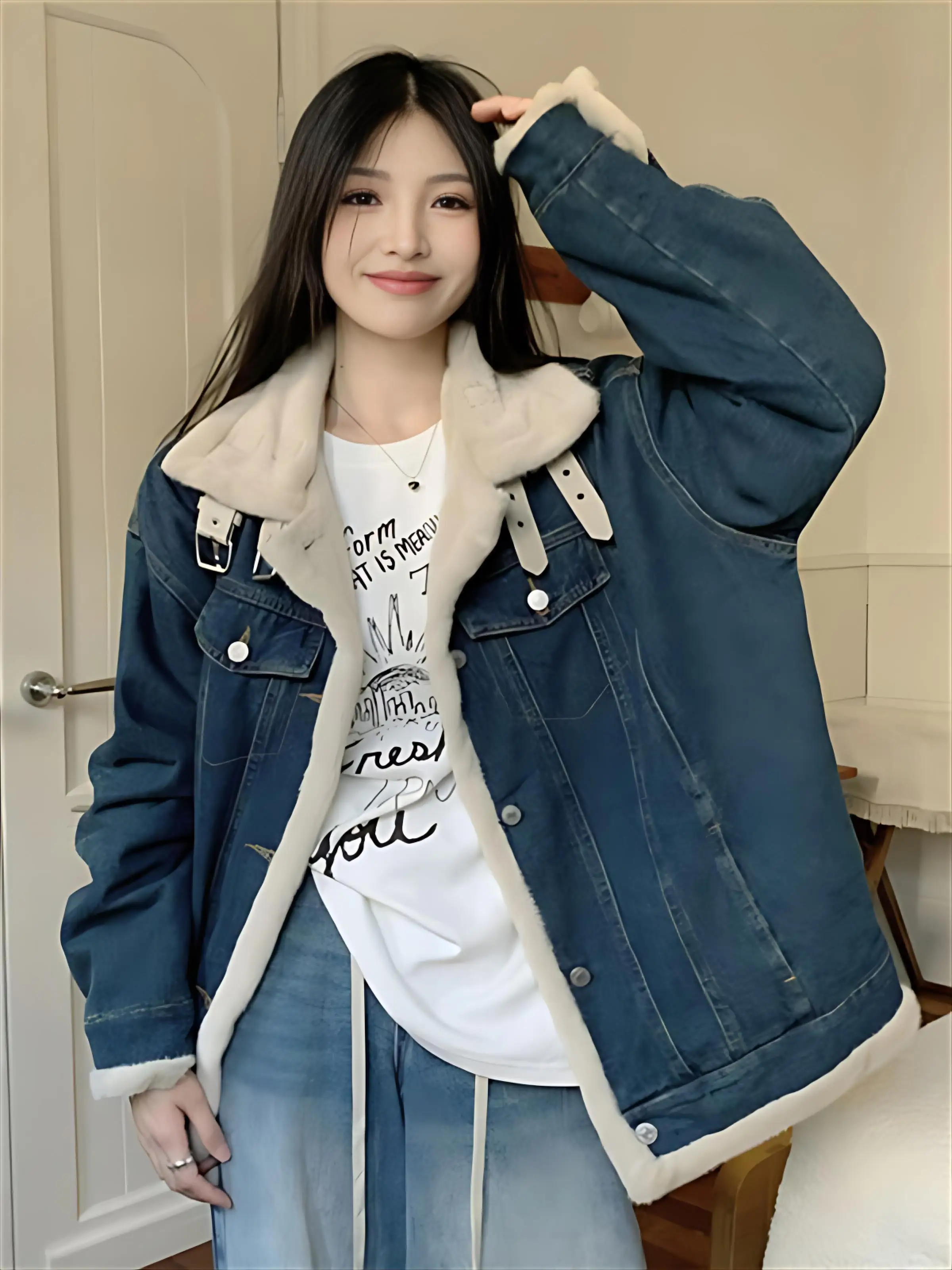 

Denim Coat With Real Sheep Lamp Winter Fur Plush Womens Fall Sculpted Tailoring Minimalist Street Trend Breathable Patchwork Y2K