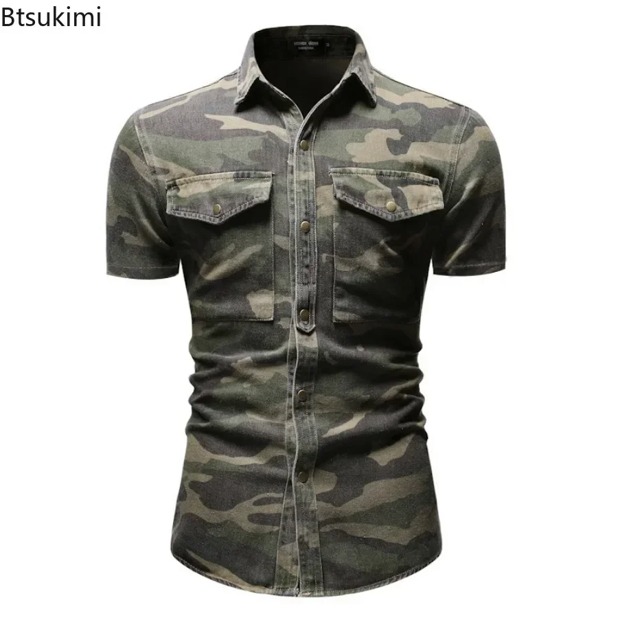 New 2024 Men\'s Denim Shirts Fashion Soft Lapel Camouflage Shirt Jacket Man Casual Slim Outdoor Climbing Cowboy Tops Shirt Male