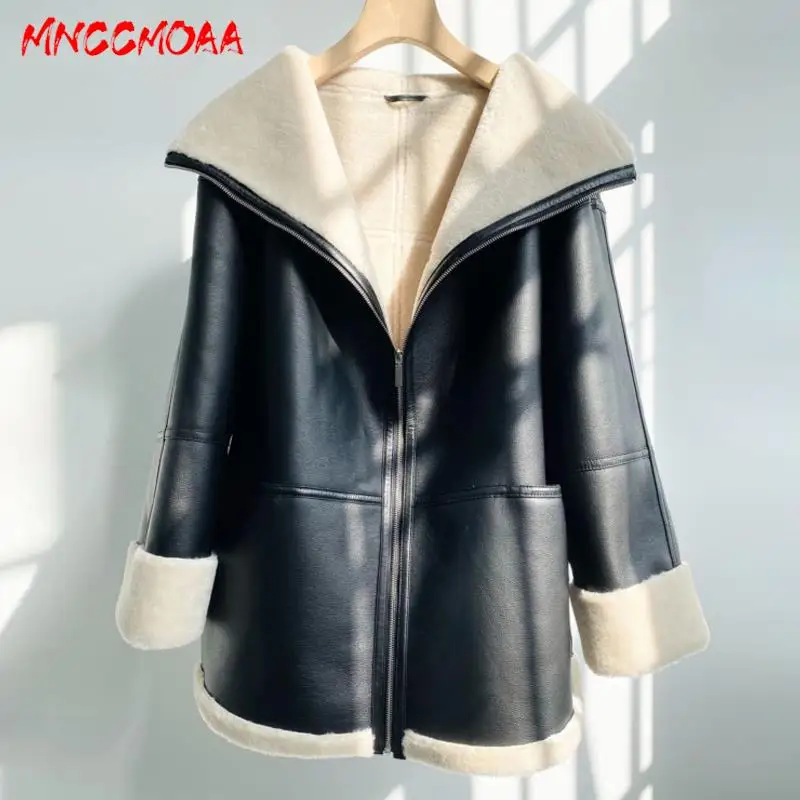 MNCCMOAA 2024 Winter Women Fashion Loose Thickening Warmth Faux Leather Jacket Coat Female Casual Long Sleeve Zipper Outerwear