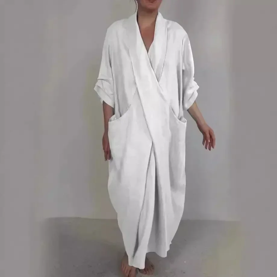 

Women Loose Long Maxi Dress V Neck Full Length High Waist Solid Color Ankle Length Dress Summer