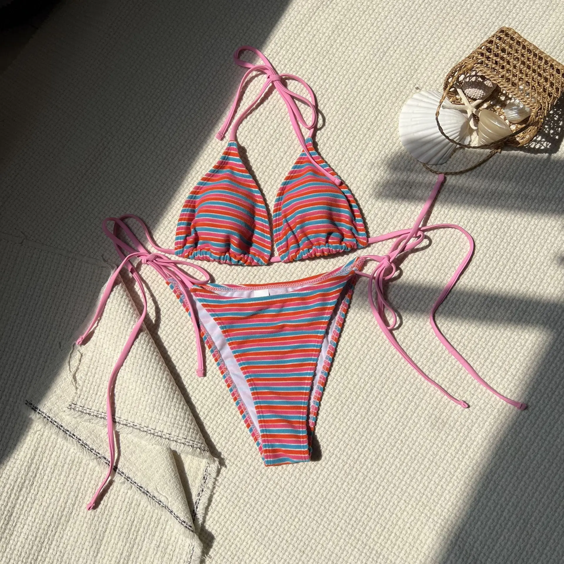 

Halter Neck Tie Up Striped Bikini Swimsuit For Women Summer Beach Vacation Low Waisted Swimwear