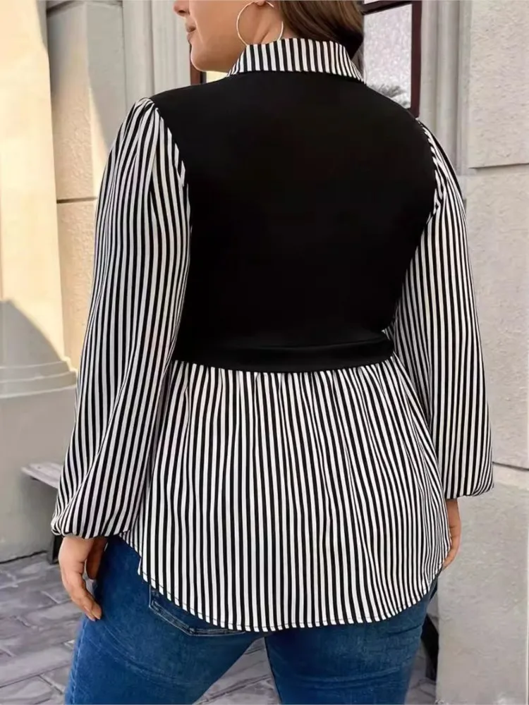 Plus Size Summer Fake Two Piece Set Shirts Tops Women Striped Print Patchwork Fashion Casual Ladies Blouses Loose Woman Shirts