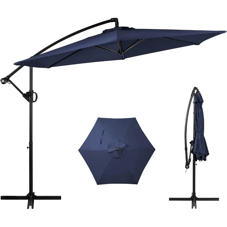 네이비 블루 색상의 야외 캔틸레버형 행잉 차양 캐노피용, 틸트 조절이 간편한 크랭크와 크로스 베이스가 있는 파티오 오프셋 우산