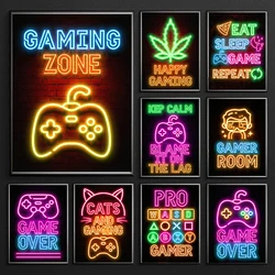 Neon sanat mutlu oyun bölge oyunları odası Poster baskı tuval boyama Gamer ofis duvar sanatı çocuk yatak odası ev dekor için hiçbir LED