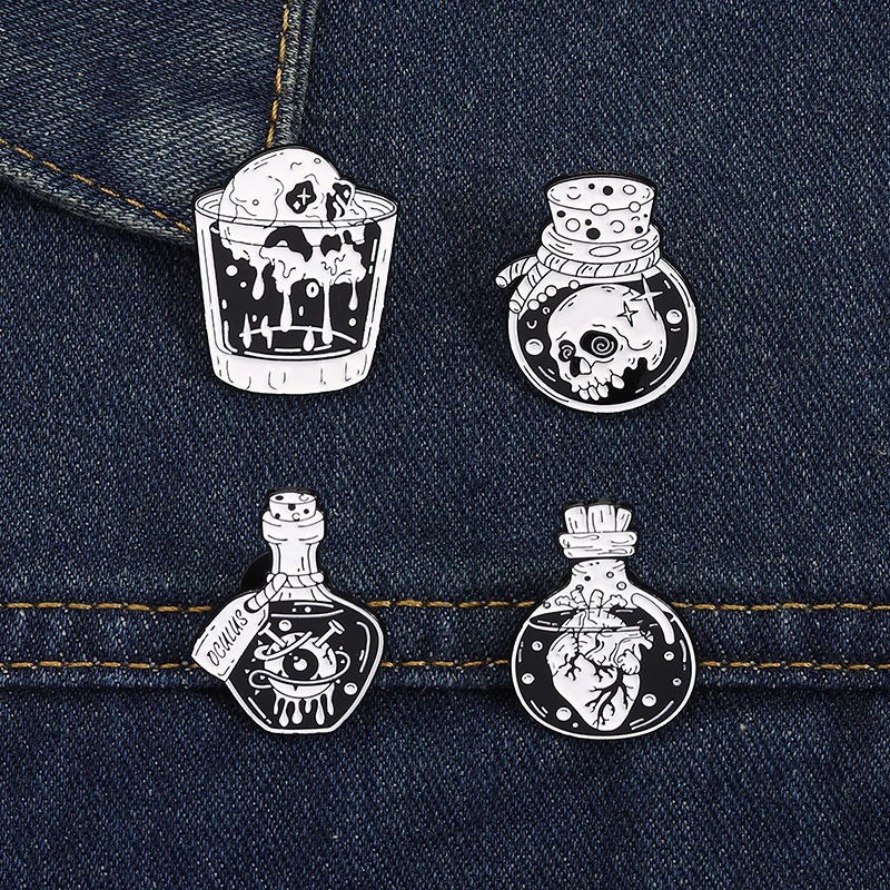 عصير أسود المينا دبابيس الهيكل العظمي مقلة العين جرعة القلب بروش شارة ظهره التلبيب دبوس الشرير الأسود اكسسوارات هدية للأصدقاء