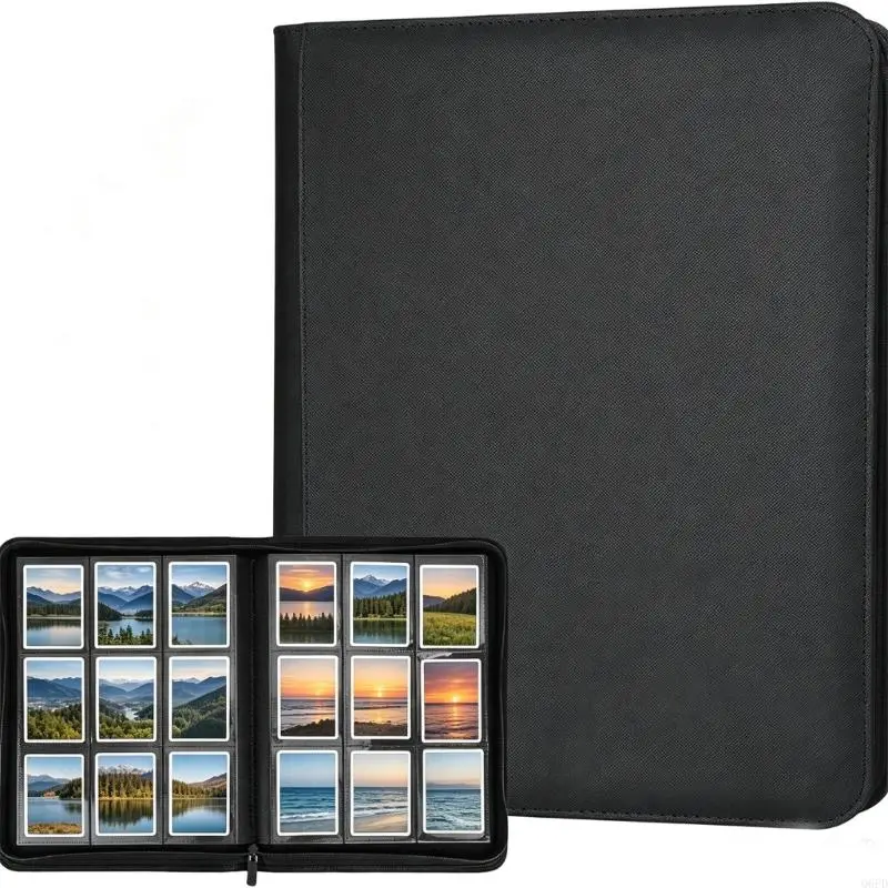 9-Pocket Collectible Card Binder with Double-Sided Pages, a Zippered PU Cover, and Clear Pockets for Browsing an Organized