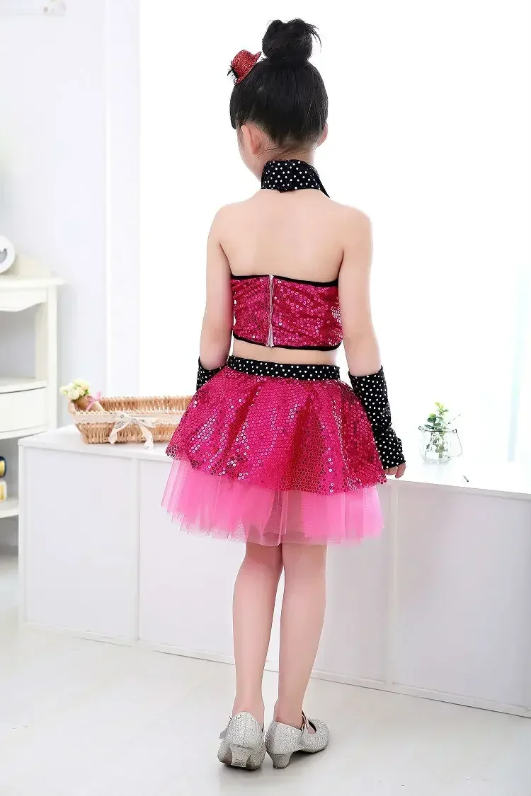 女の子用ジャズダンス衣装、キラキラ輝くスパンコール付きモダンダンス、ヒップホップコスチューム、女の子用ステージジャズダンス衣装、トップスとスカートのセット