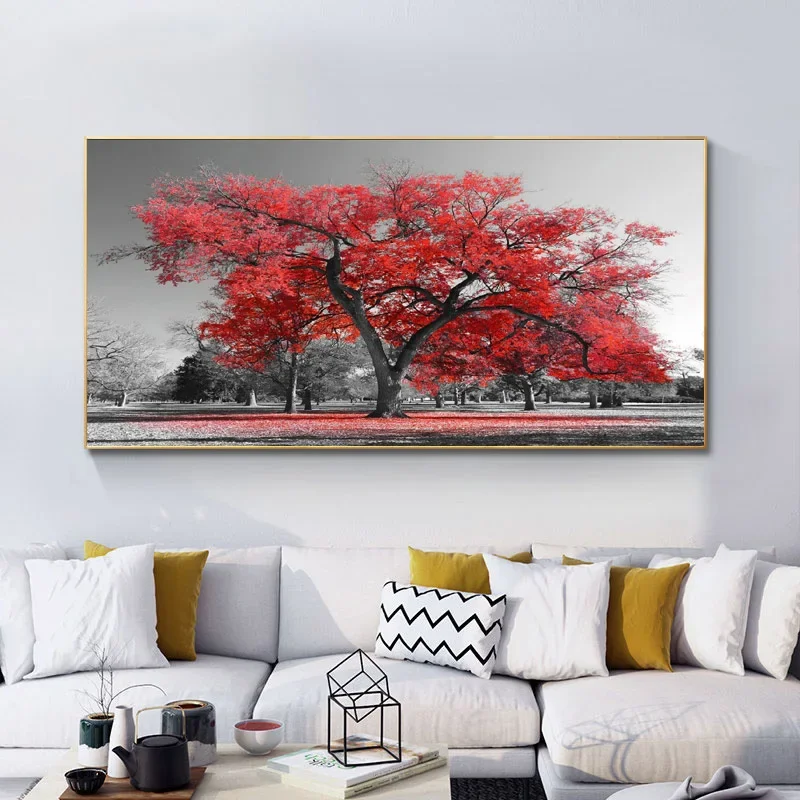 Large Size Art Modern Red Tree Bench Landscape Canvas Paintings For Living Room Wall Posters Bedroom Pictures Home Decoration