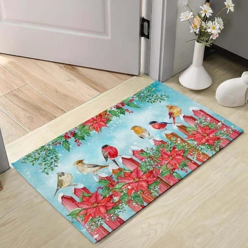 Vintage Chinese Watercolor Magpie Bird Floral Door Mat Non Slip Entrance Doormat Classical Branch Peony Blossom Border Floor Rug