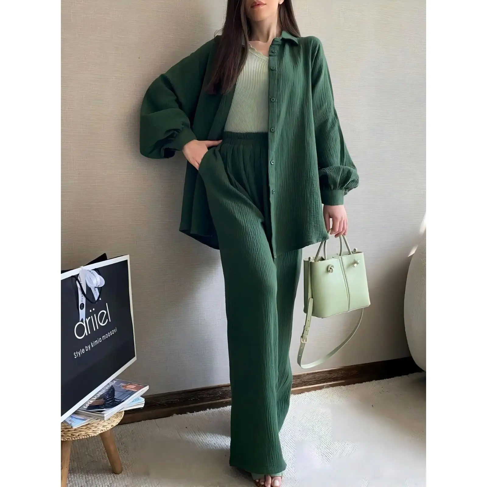 

Women's Long Collared Shirt Top with Elastic Casual Fashion Set Three Pieces Pure Color Winter Collection AL748008078272