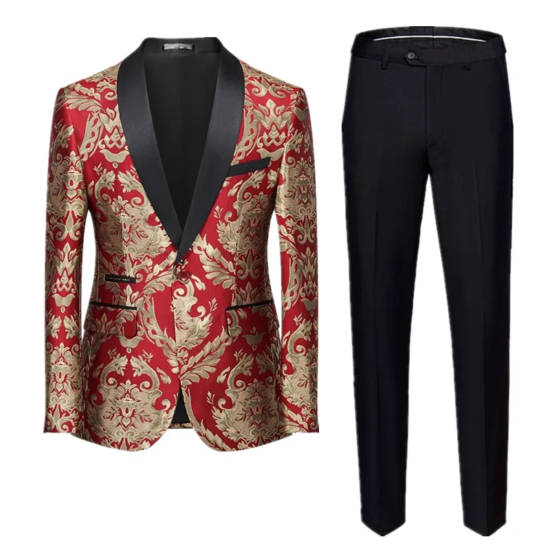 

Red Men Jacquard Suit 2-Piece, Blue Luxury Blazer with Black Trousers, Business Wedding Prom Party Dress Jacket and Pants.