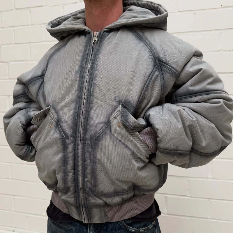 Men's Oversized Washed Canvas Hooded Bomber Jacket with Thick Quilted Lining Cargo Pockets Zip up Loose Vintage Winter Streetwea