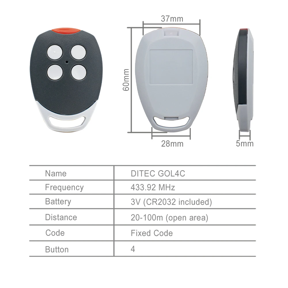 100% Compatible DITEC GOL4C Remote Control Universal High Quality 433.92 mhz Fixed Code Garage Door Opener Handheld Transmitter