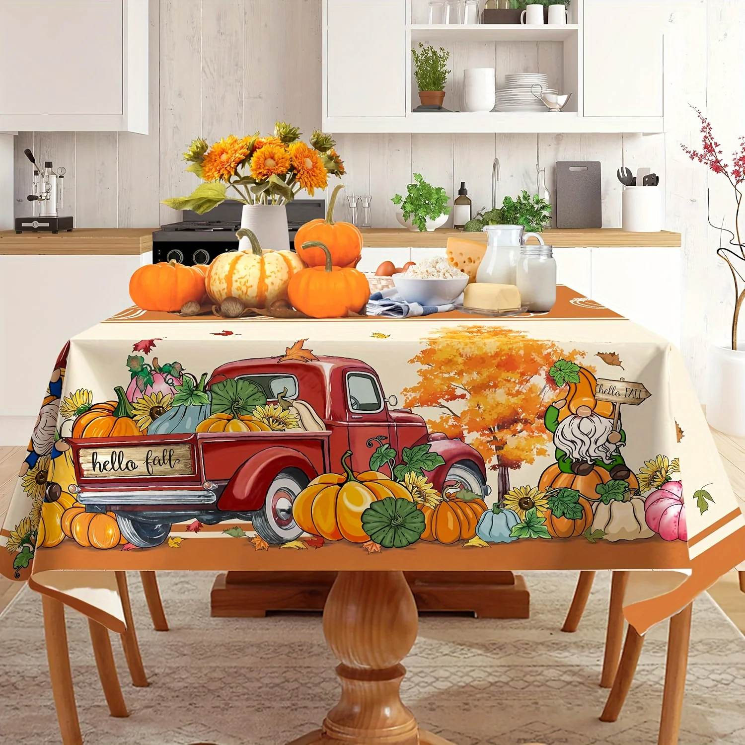 1 piece Thanksgiving autumn tablecloth with pumpkin and maple leaf truck pattern for kitchen table, home party decoration