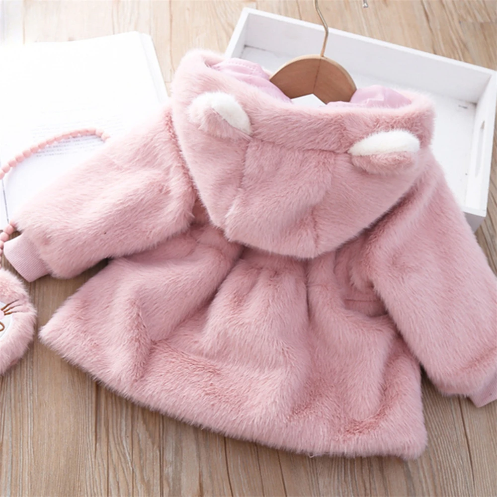 Baby Girl Winter Children\'S Clothing Wool Sweater Jacket Girls\' Solid Color Warm And Cute Daily Jacket+Cartoon Bag 2 Ps