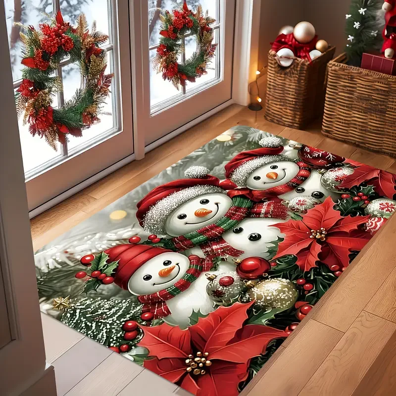 Cute Three Christmas Snowman Welcome Doormat Bathroom Balcony Non-Slip Dirt Resistant Floor Mat Christmas Day Decorative Rug