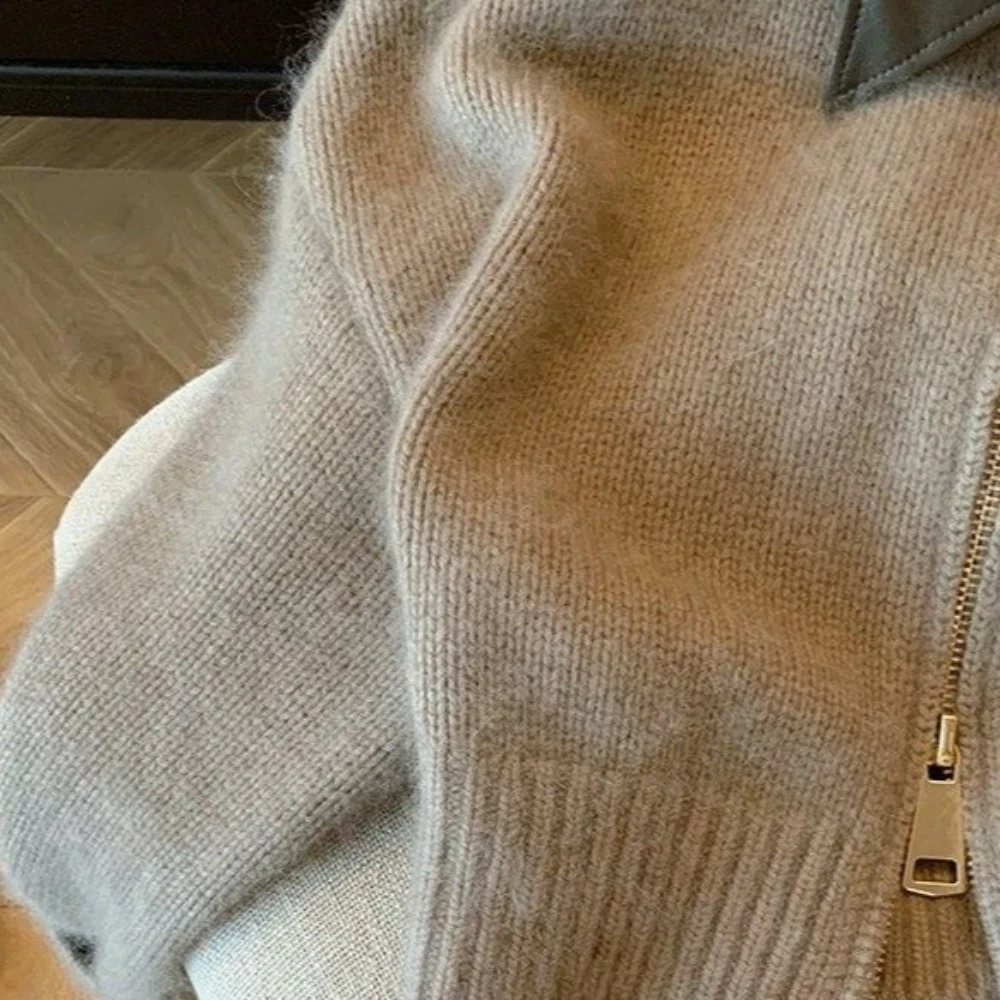 가죽 칼라 지퍼 프론트 스웨터 가디건 긴 소매 재봉 패턴 플립 칼라 스웨터 스트리트웨어 한국 스타일 크로셰 탑