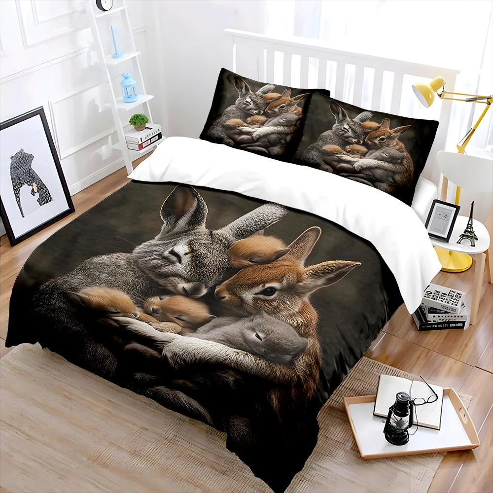 Warm rabbit family embrace Print Soft Comfortable Duvet Cover Bedding Set Included 1*Duvet Cover  2*Pillowcases Luxury gifts