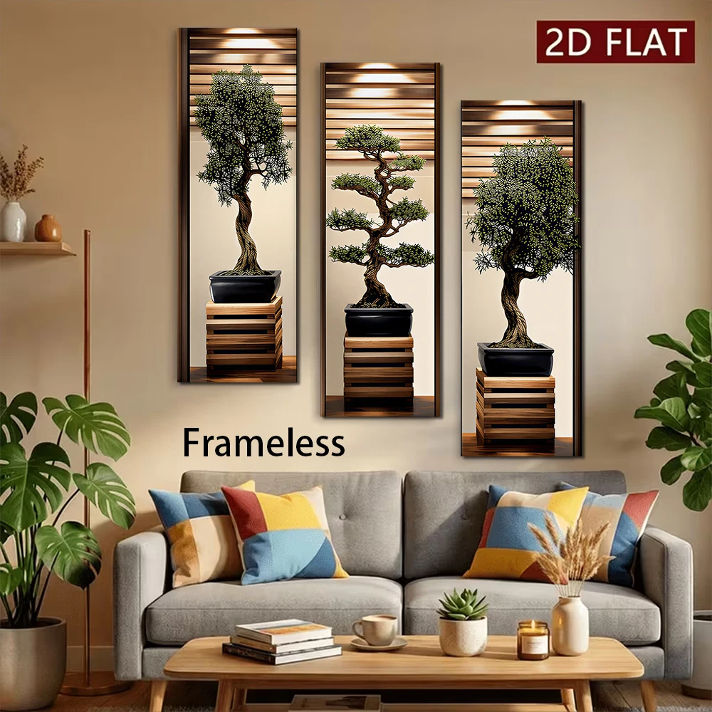 1 set of new Chinese style triptych frameless wall stickers, Zen inspired bonsai, home murals, self-adhesive waterproof, modern