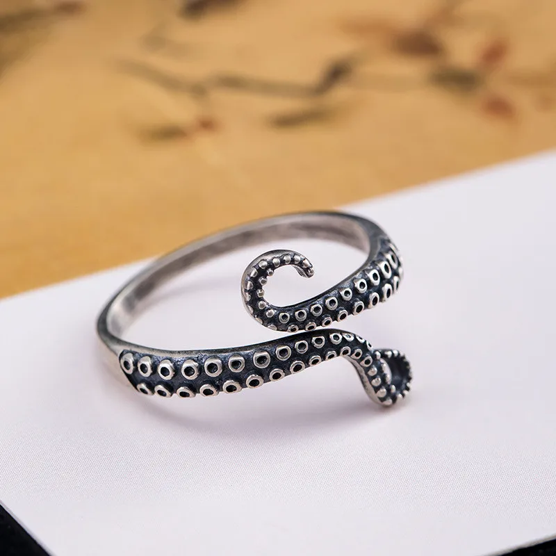 Punk Vintage Personality 925 Sterling Silver Originality Octopus Tentacles Open Rings For Women Girl LR009