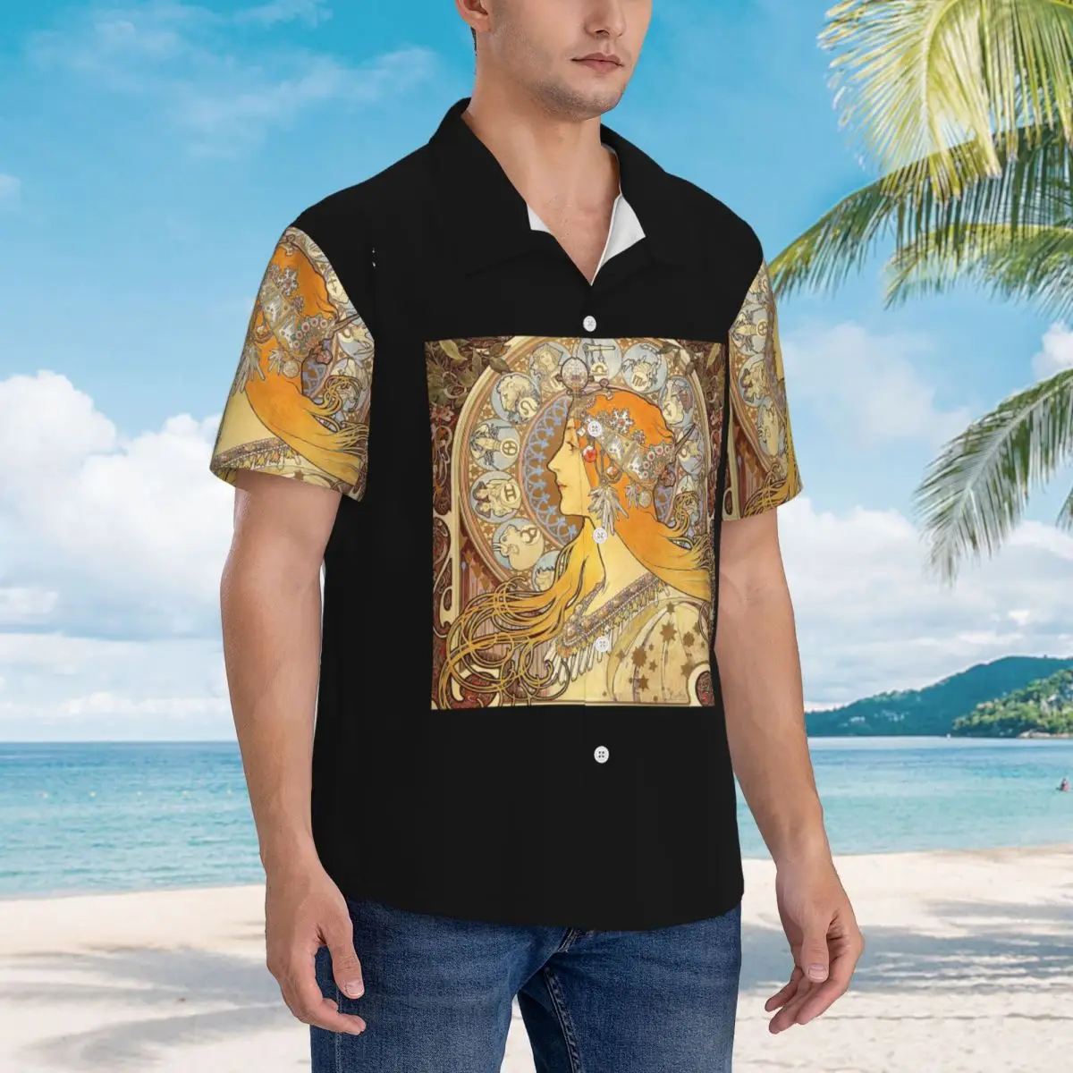 

Alphonse Mucha Zodiac Art Nouveau женские гавайские рубашки модные мужские рубашки с коротким рукавом для лета пляжные мужские топы с лацканами