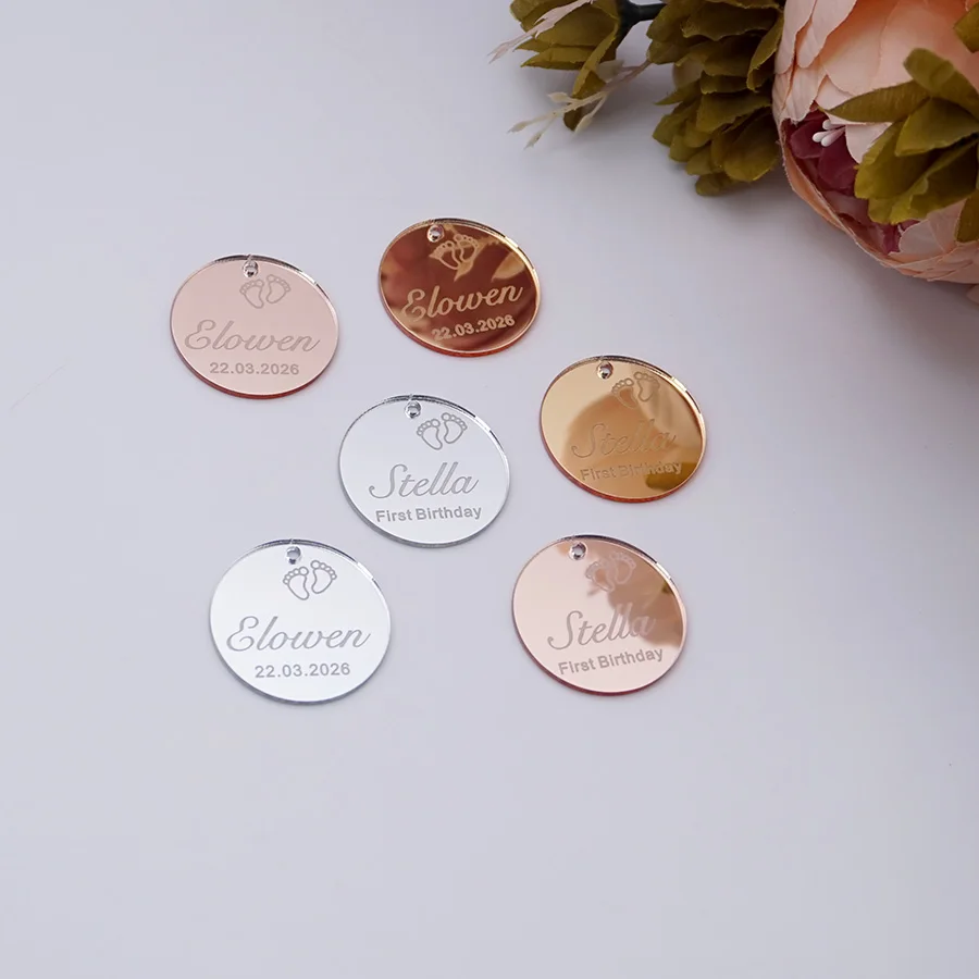 Personalisierter Spiegel-Acryl-Babyanhänger mit Namen, Geburtstagsgeschenk, runder Hängeanhänger, Gold, Silber, Roségold, Party-Dekoration – Detail 1