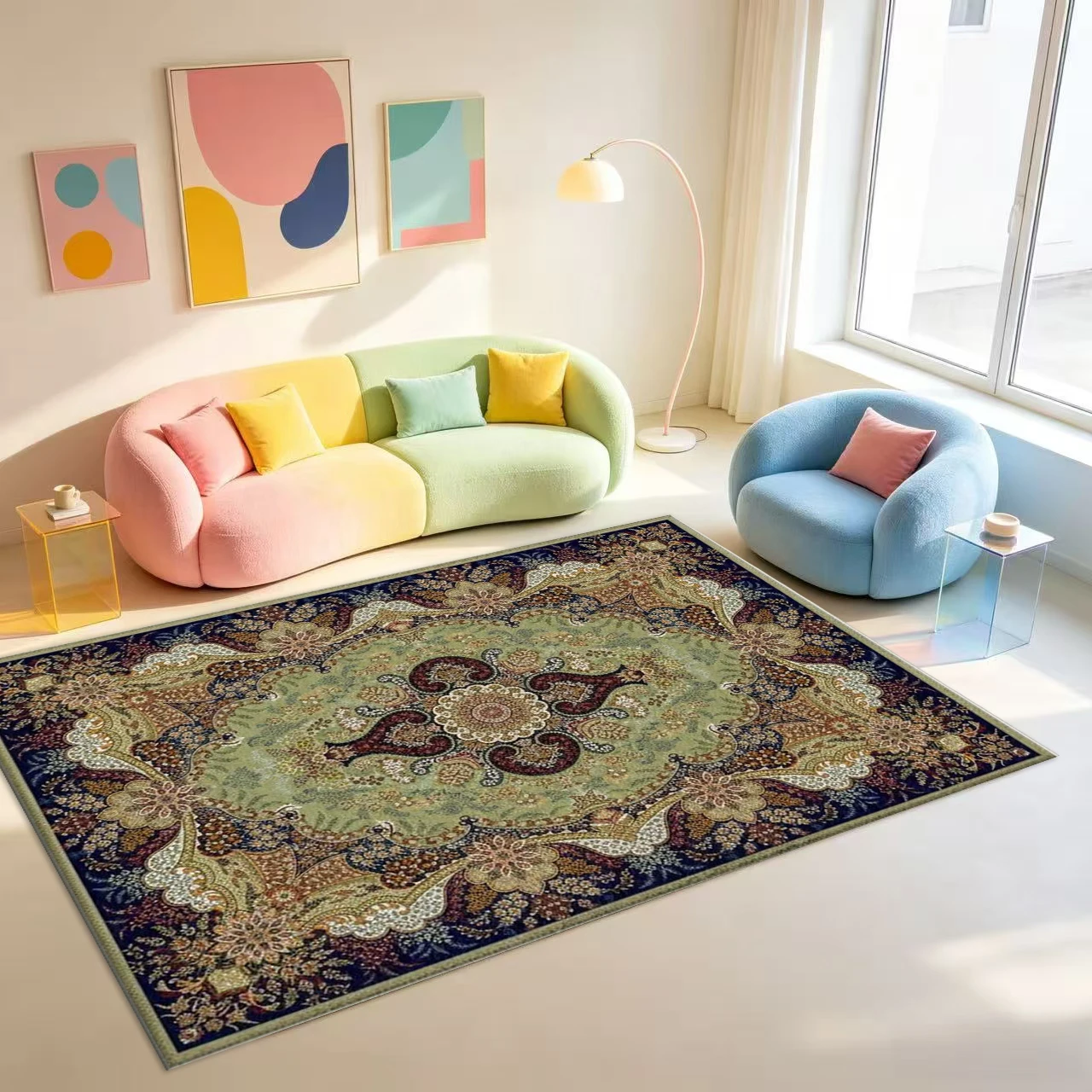 Luxury Persian Oriental Area Rug Exquisite Medallion Floral Pattern Floor Carpet for Living Room Bedroom Home Decor